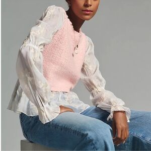 Anthropologie Pink Knit Vest With Sheer Sleeves Detail